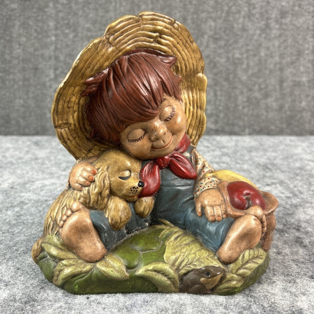 Vintage 1981 Hand Painted Ceramic Barefoot Boy Straw Hat Dog Apple Ceramichrome